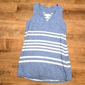 Beachlunchlounge Sleeveless Linen Blend Blue and White Mini Sundress